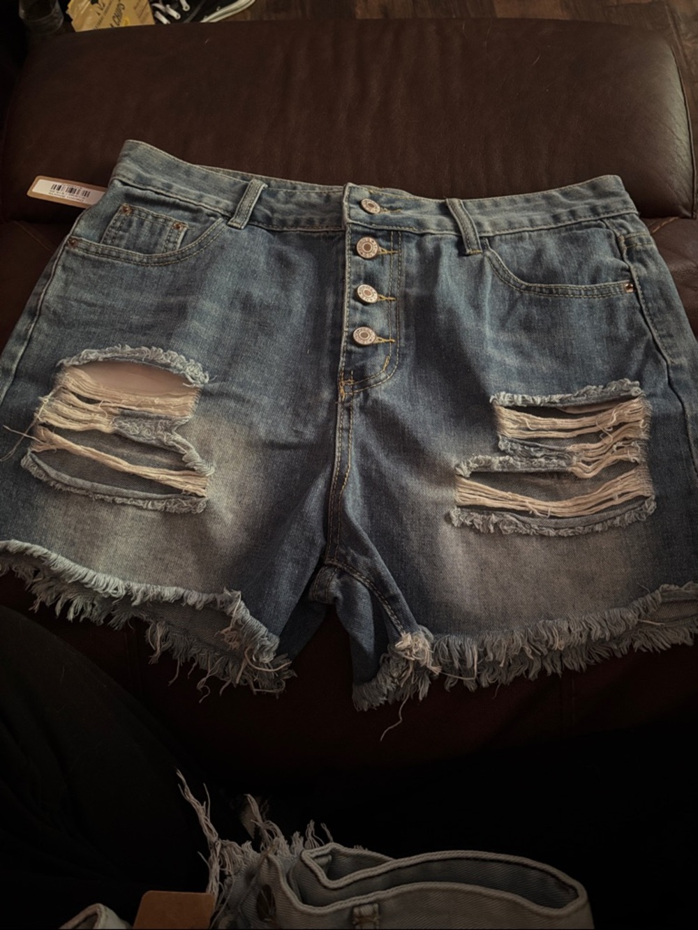High-Rise Distressed Denim Shorts in Blue